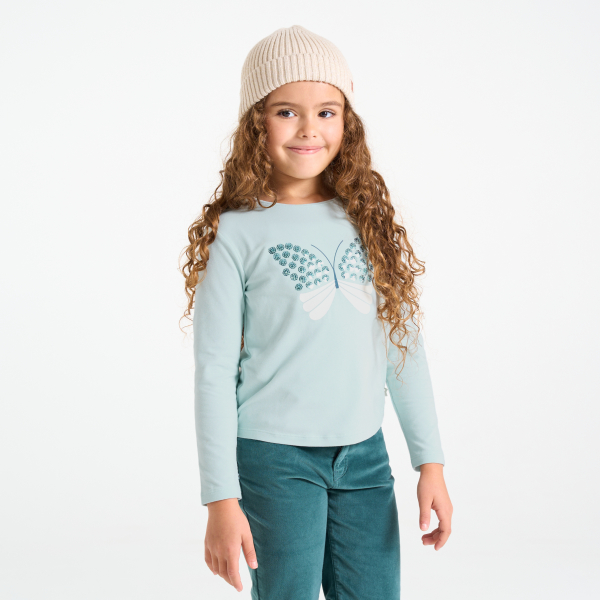 تيشيرت مزين بفراشة مطرزة بالترتر باللون الأزرق للفتيات